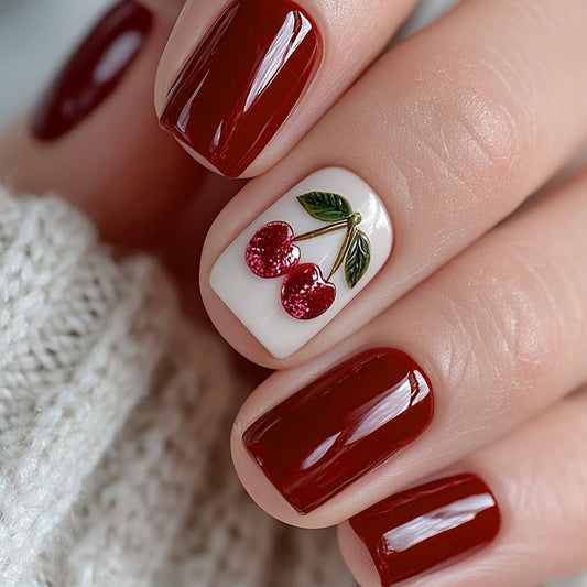 Cherry Blossom Delight Short Square Burgundy Nail Set with Glittering Fruit Accent
