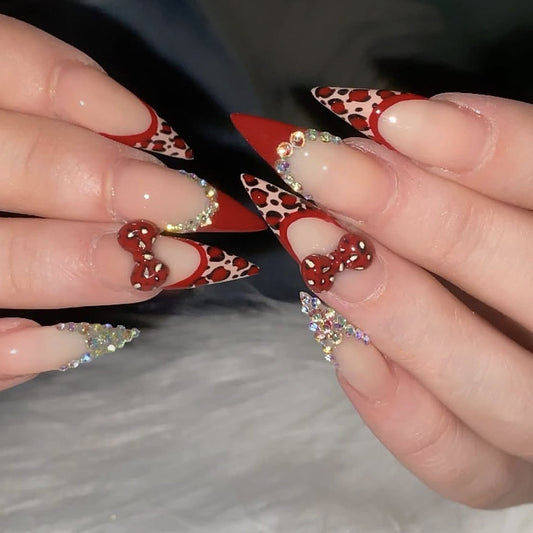 Glamorous Wildside Long Stiletto Red Leopard Print Press On Nail Set with Rhinestone Accents