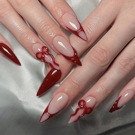 Romantic Elegance Long Stiletto Red and Beige Press On Nails with Charming Bow Accents