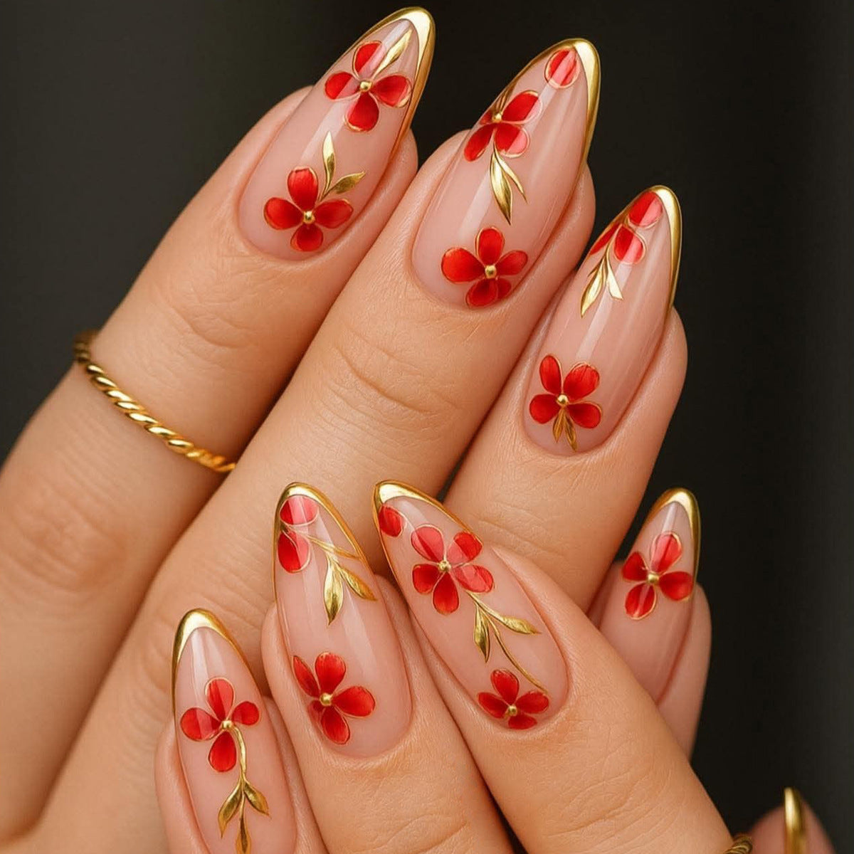 Floral Elegance Long Stiletto Transparent Red with Gold Accents and Flower Design Press-On Nail Set
