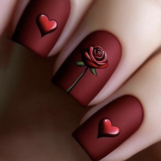 Romantic Elegance Short Square Burgundy Matte Press On Nail Set with Heart and Rose Designs