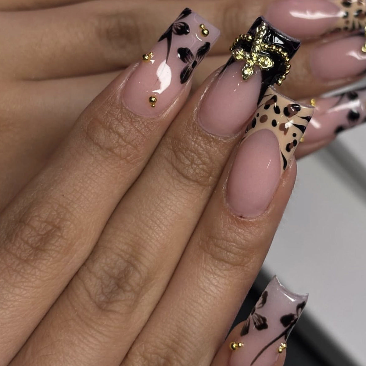 Wild Safari Glam Long Square Blush Pink Press On Nail Set with Unique Gold Accents and Charming Floral Designs