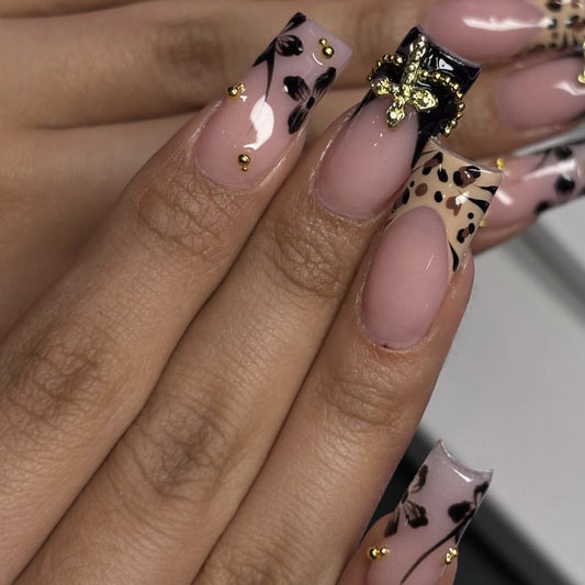 Wild Safari Glam Long Square Blush Pink Press On Nail Set with Unique Gold Accents and Charming Floral Designs