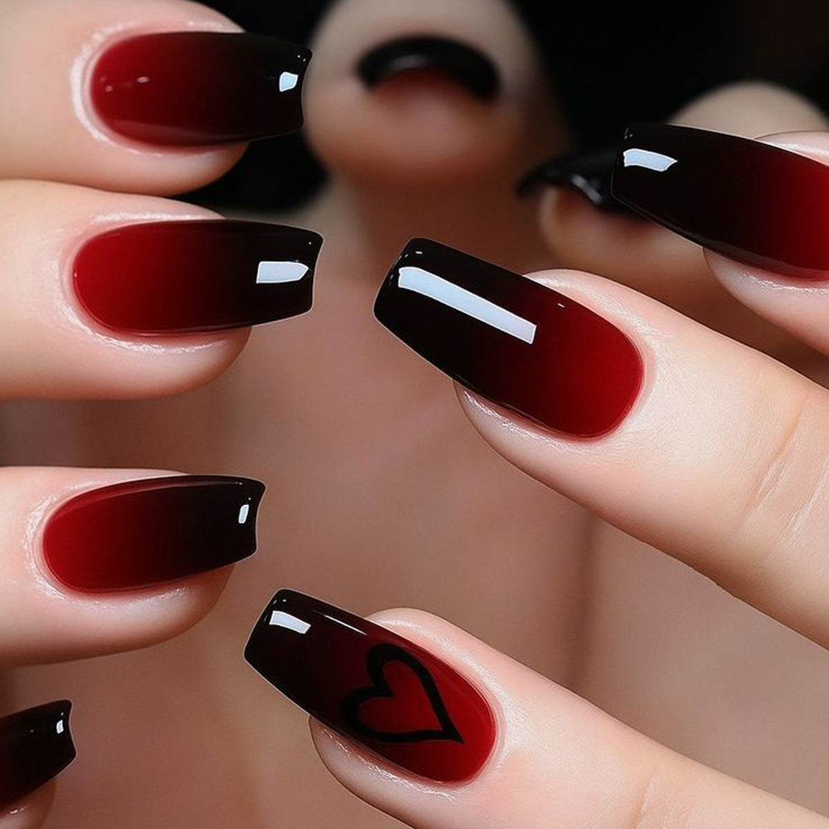 Romantic Elegance Long Square Dark Red Ombre Design with Heart Accent Press On Nail Set