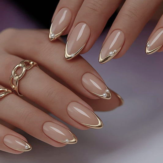 Glamorous Elegance Long Almond Beige Press-On Nail Set with Golden Tips and Pearl Accents