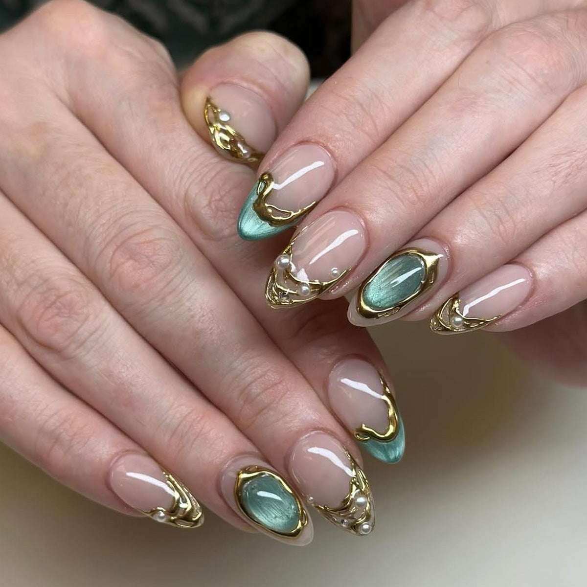 Elegant Oceanic Luxe Long Almond Green and Gold Accented Nail Set