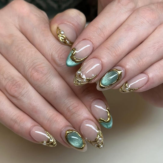Elegant Oceanic Luxe Long Almond Green and Gold Accented Nail Set