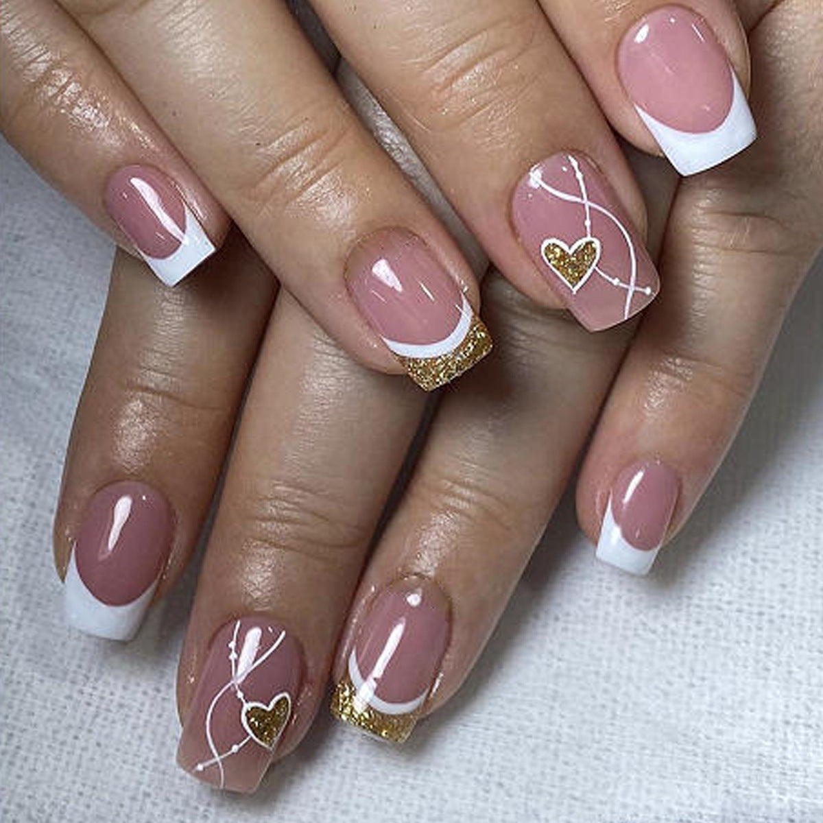Chic Romance Short Square Blush Pink with Heart and Glitter Accent Press on Nail Set