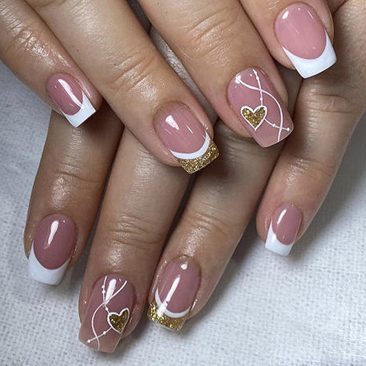 Chic Romance Short Square Blush Pink with Heart and Glitter Accent Press on Nail Set