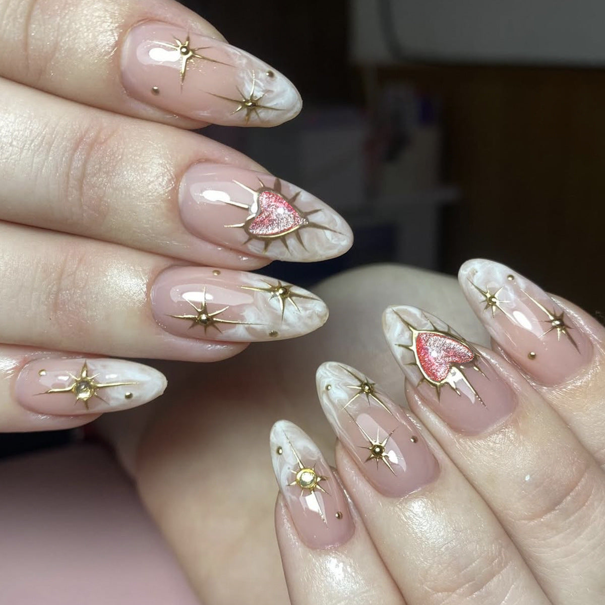 Celestial Charm Long Almond Blush Pink Press On Nail Set with Dazzling Heart and Star Details