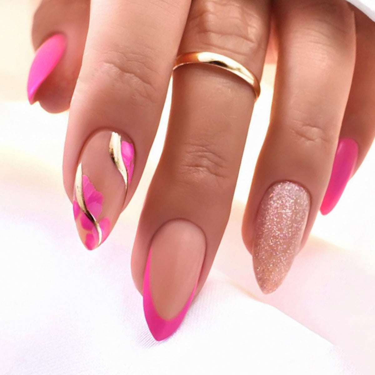 Floral Fantasy Long Almond Hot Pink Gradient with Gold Accents and Glitter Sparkle Press-On Nail Set