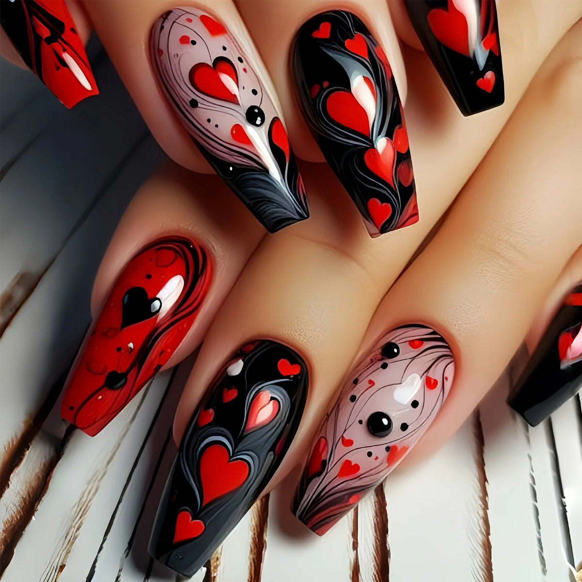 Romantic Heart Theme Long Coffin Shape Red and Black Swirl Nail Set with Unique Heart Patterns