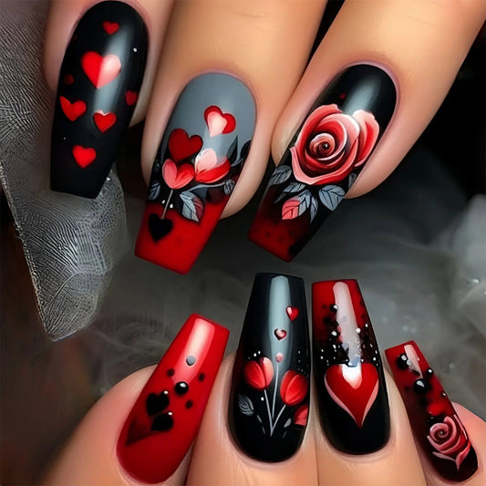 Romantic Heart Theme Long Coffin Shape Black and Red Nail Set with Intricate Floral Designs