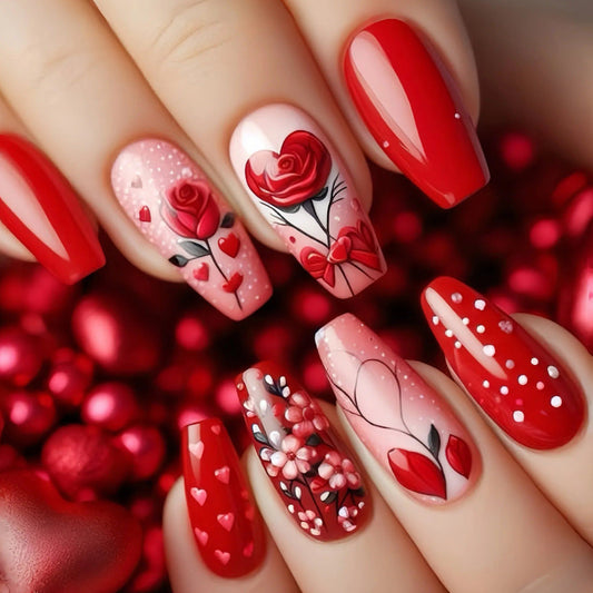 Romantic Red Long Coffin Shape Press On Nail Set with Intricate Floral Designs