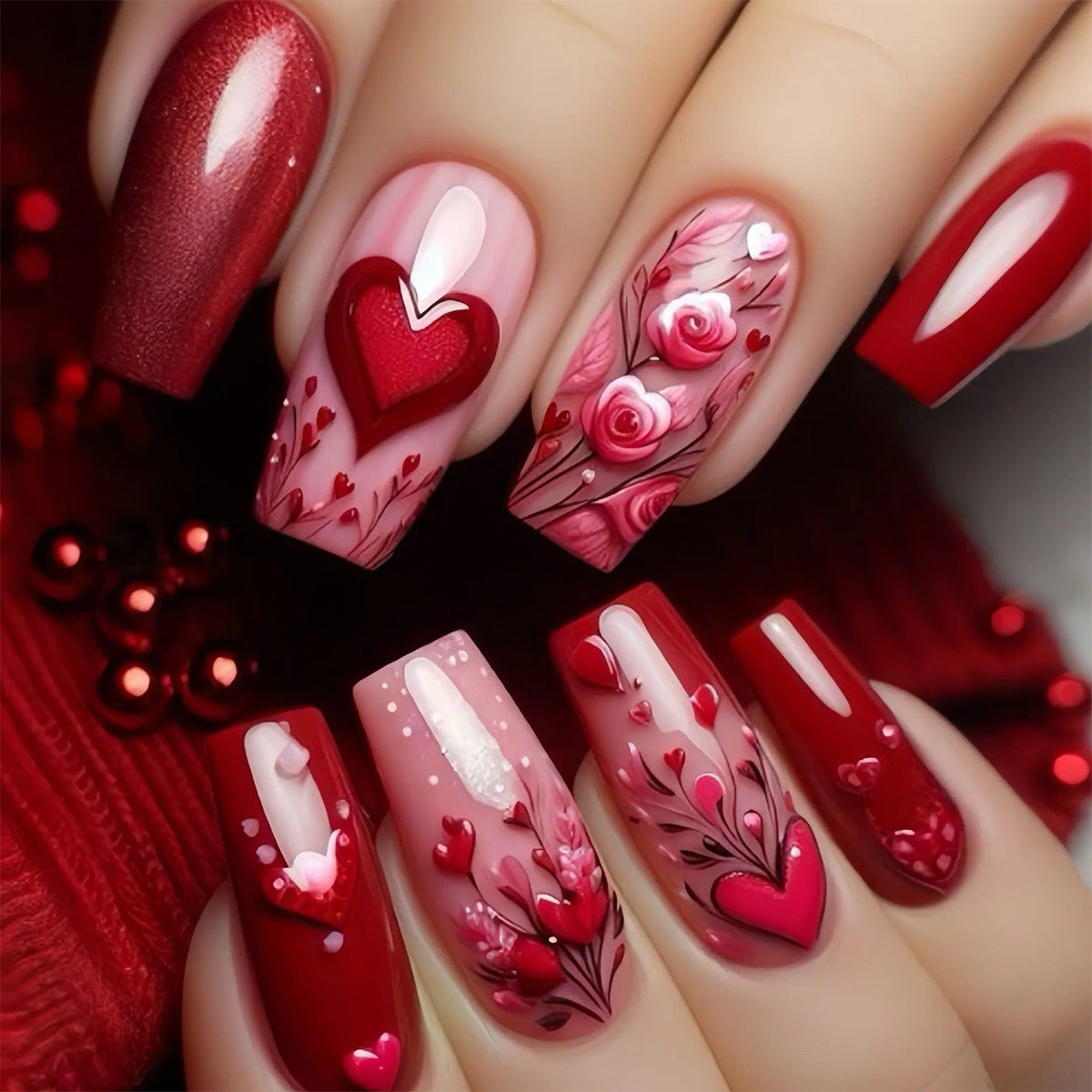 Romantic Heart Design Long Square Red Press-On Nail Set with Floral Accents