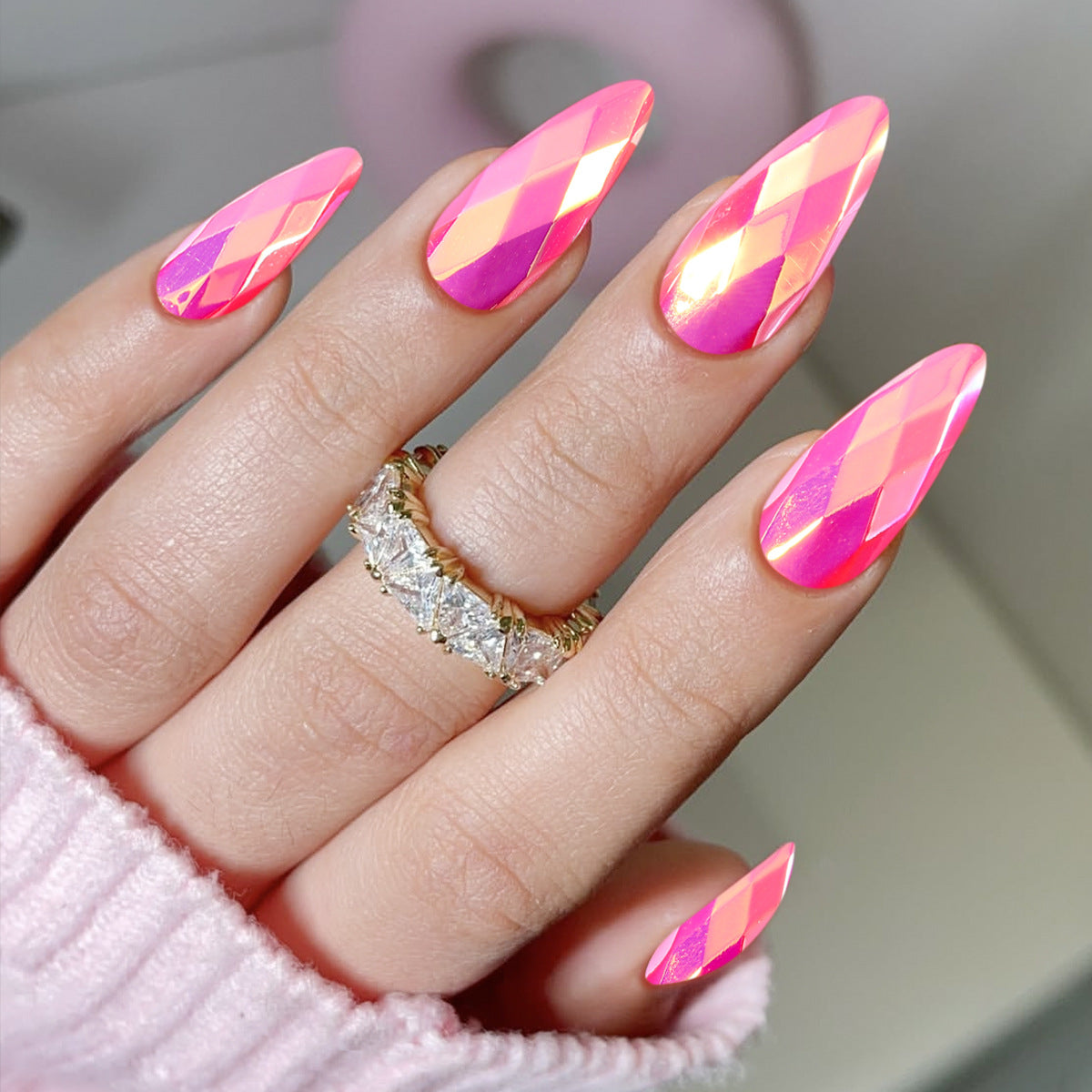 Radiant Dream Pink Long Almond Press On Nail Set with Iridescent Diamond Design