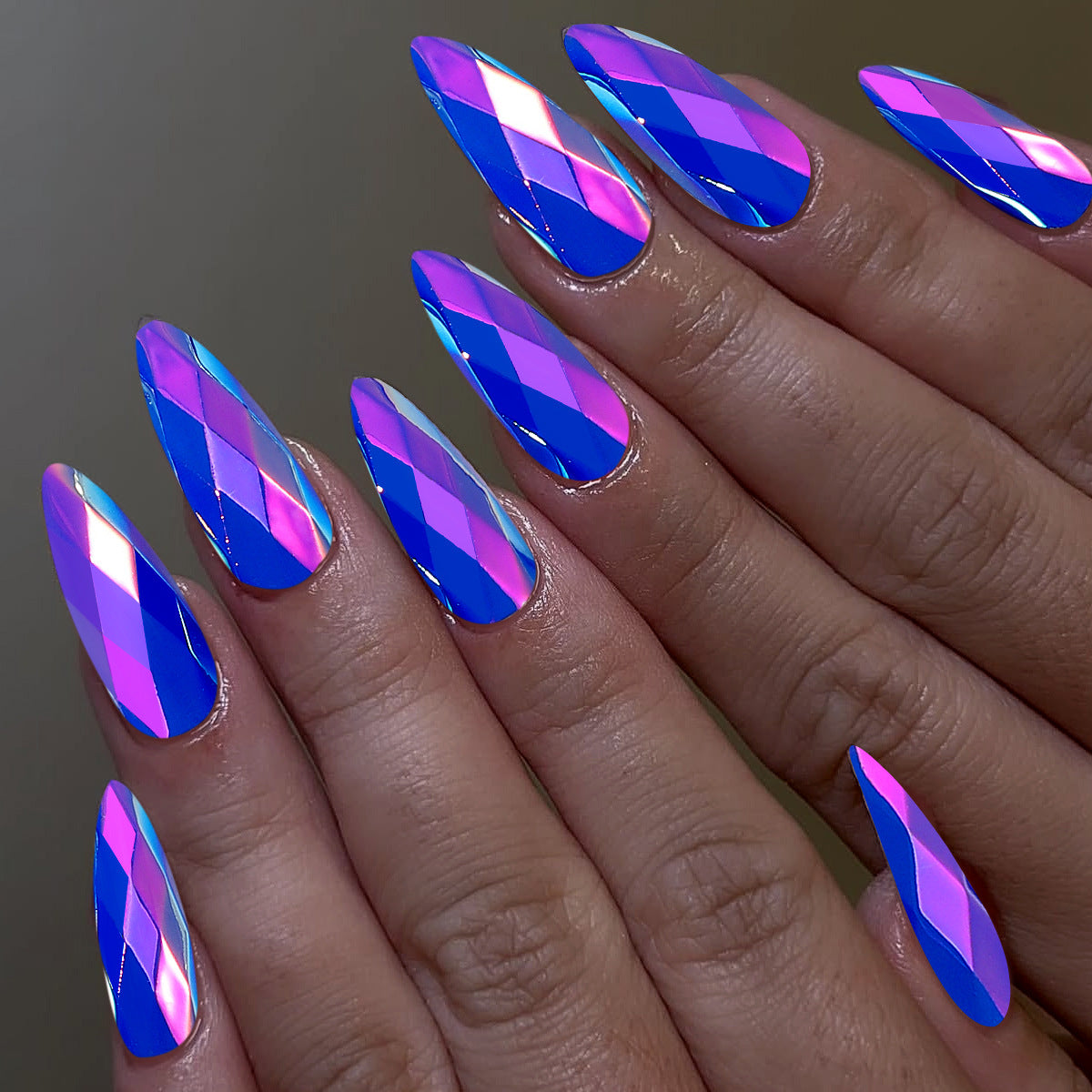Glamorous Fairy Tale Long Almond Shaped Iridescent Blue with Diamond Facets Press On Nail Set