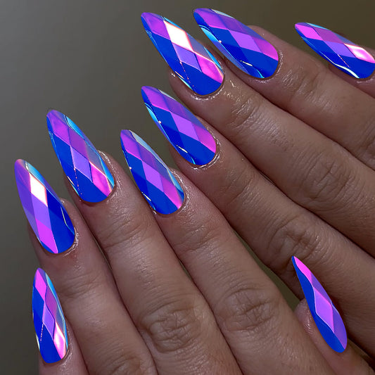 Glamorous Fairy Tale Long Almond Shaped Iridescent Blue with Diamond Facets Press On Nail Set