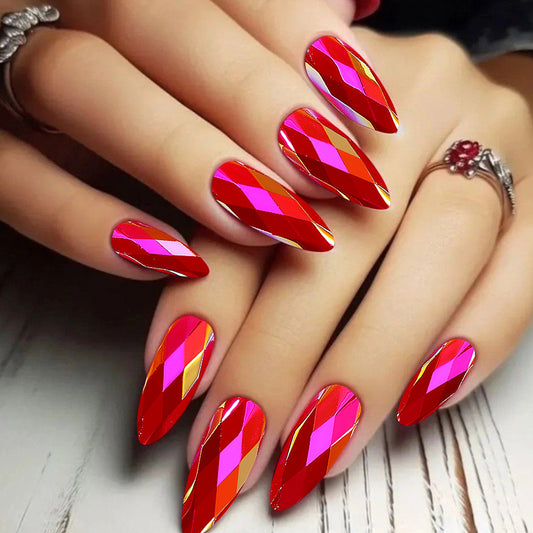Glamorous Diamond Shape Long Almond Red Press-On Nail Set with Eye-Catching Multicolor Facets