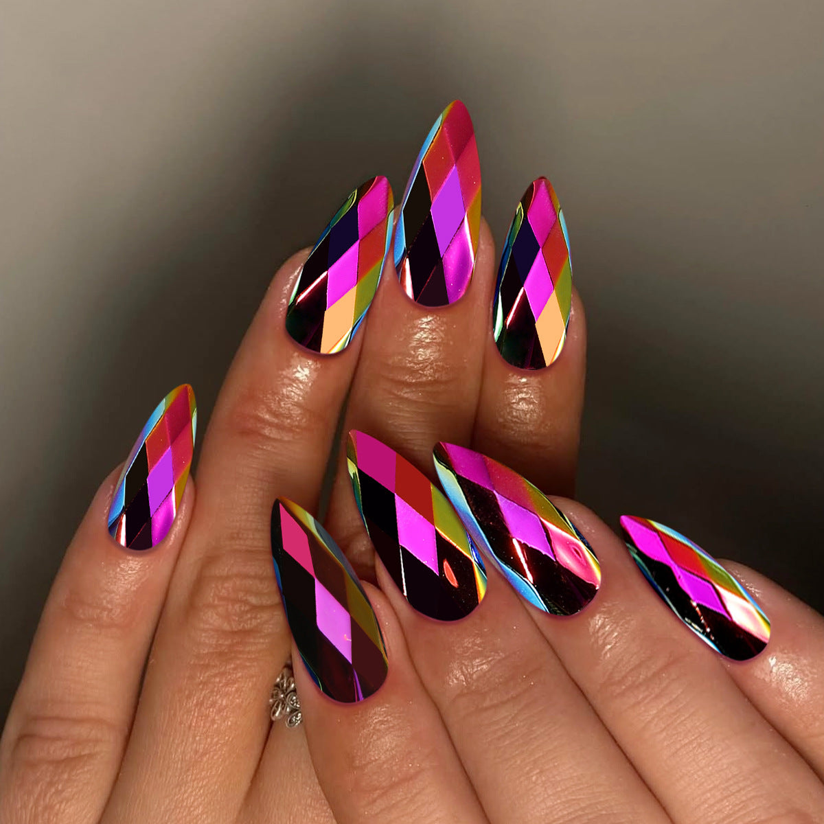 Chic Harlequin Style Long Almond Shaped Vibrant Multicolor Press-On Nail Set with Eye-Catching Prism Effect