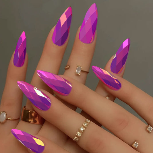 Glamorous Gemstone Enchantment Long Almond Almond Iridescent Purple Faceted Finish Nail Set