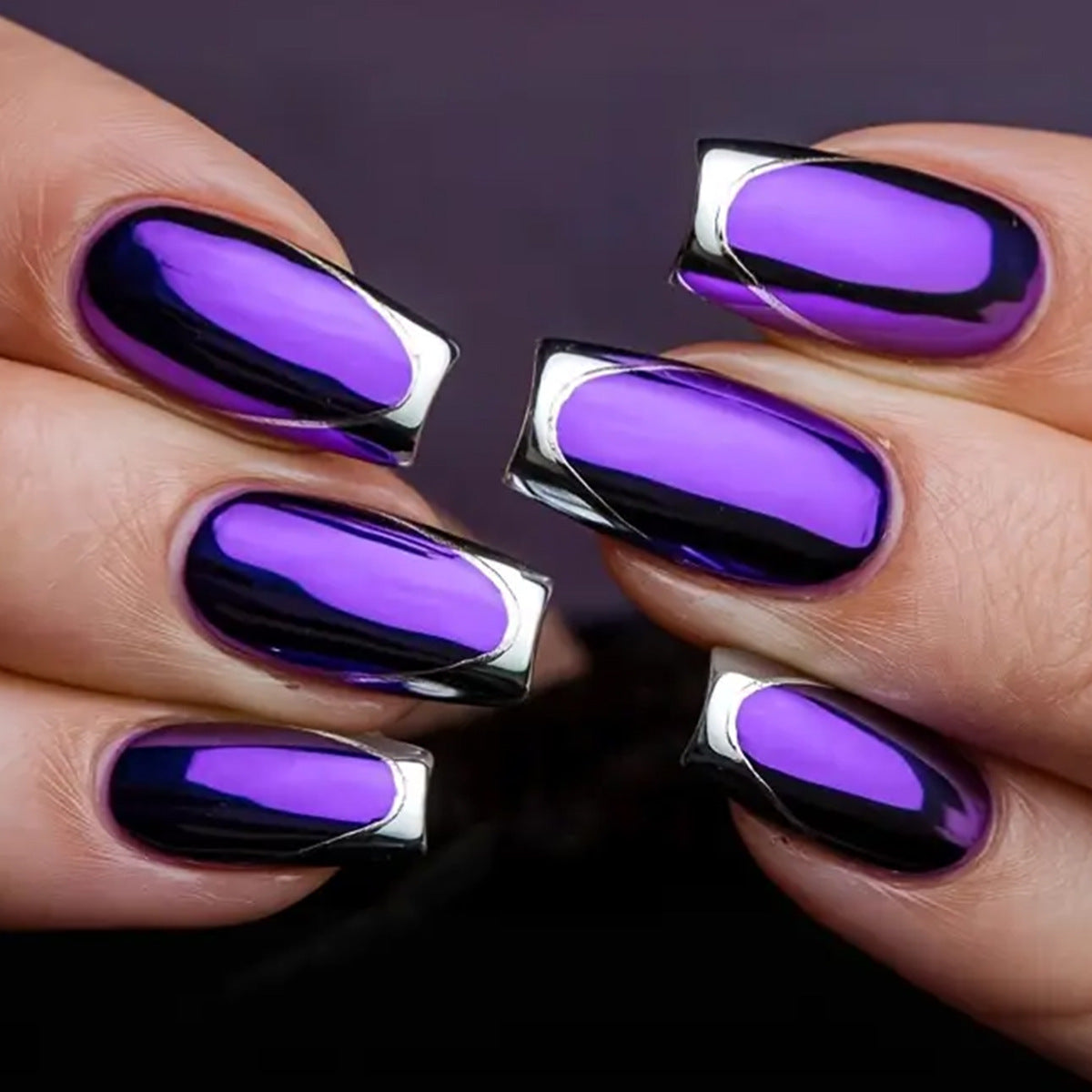 Mystical Elegance Long Square Purple Glossy Press-On Nail Set with Stunning Metallic Tips