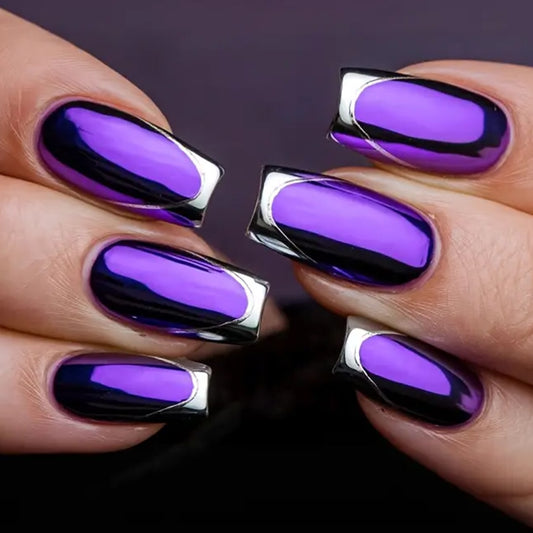 Mystical Elegance Long Square Purple Glossy Press-On Nail Set with Stunning Metallic Tips