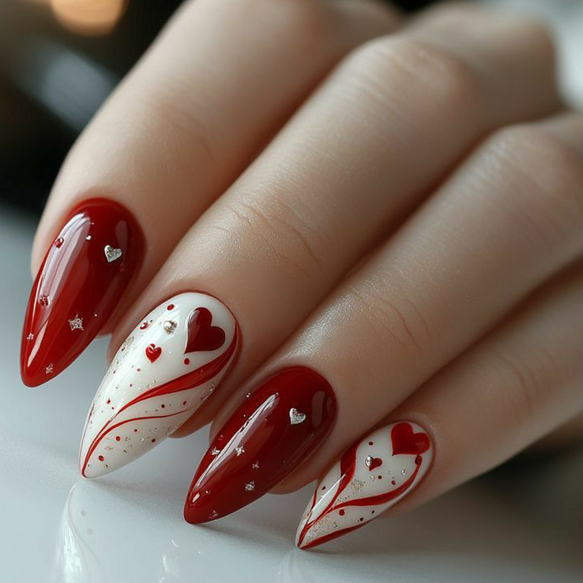 Love Spell Long Almond Shaped Red and White Press On Nail Set with Heart Accents and Glitter Details