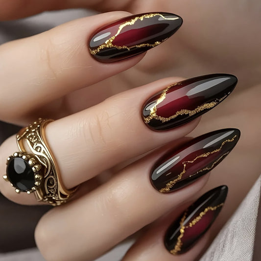 Gothic Elegance Long Almond Red and Black Press On Nail Set with Gold Accents