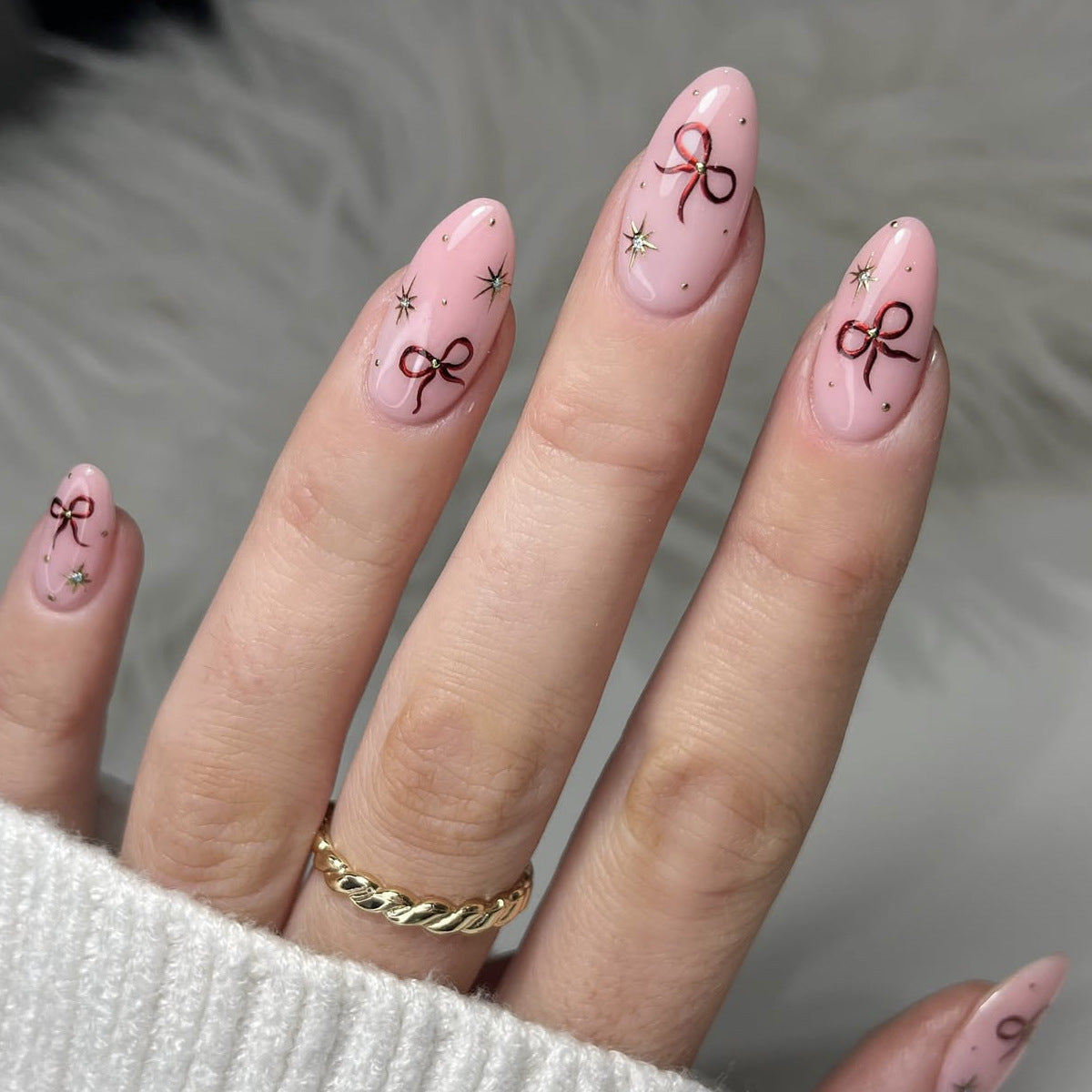 Charming Delight Long Almond Shaped Pink Press On Nail Set with Elegant Ribbon Design