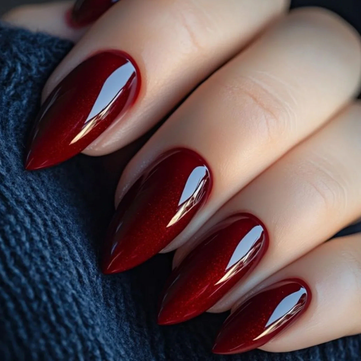 Glamorous Midnight Elegance Long Almond Burgundy Glitter Press On Nail Set