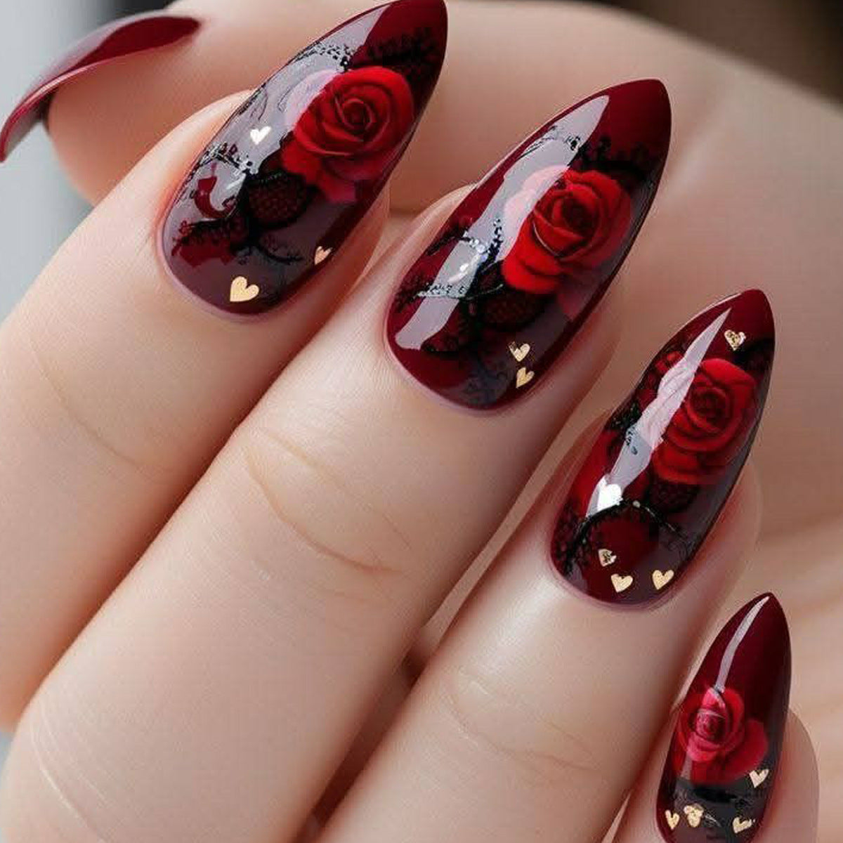 Romantic Elegance Long Almond Deep Red with Floral Design and Gold Accents Press On Nail Set