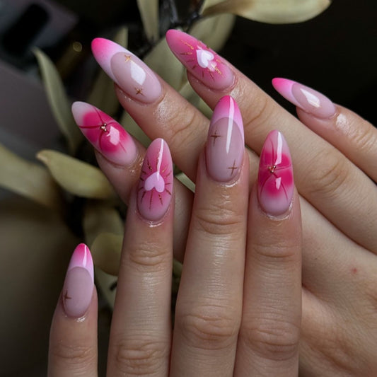 Romantic Blossom Long Stiletto Pink Ombre Nail Set with Delicate Heart and Gold Accents