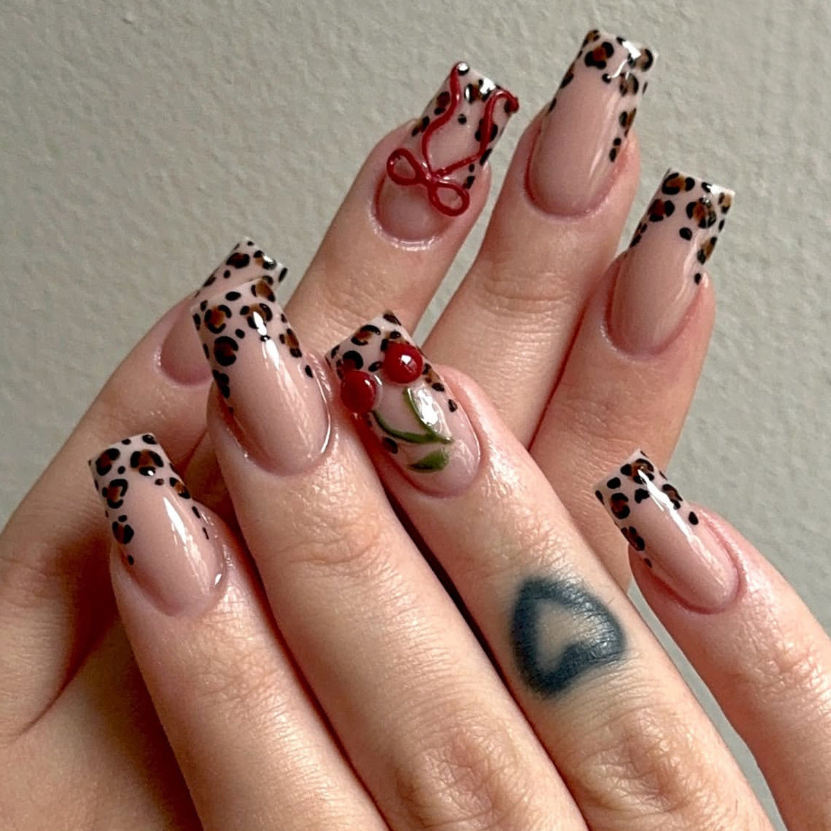 Wild Safari Elegant Long Square Beige with Leopard Print and Cherry Art Press On Nail Set
