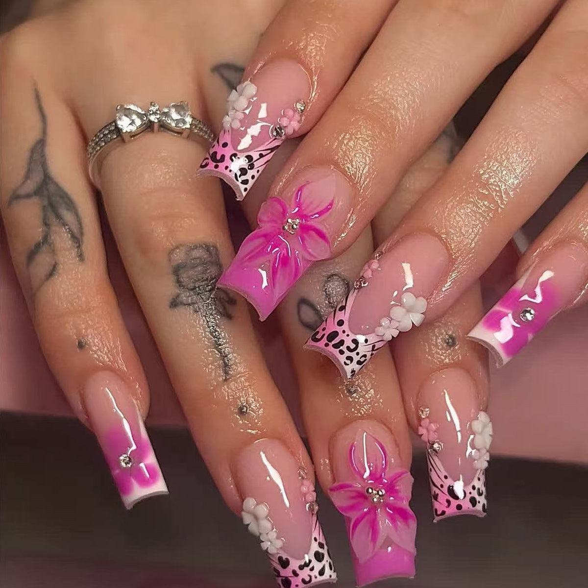 Floral Fantasy Long Square Pink Ombre with Glamorous Floral Accents