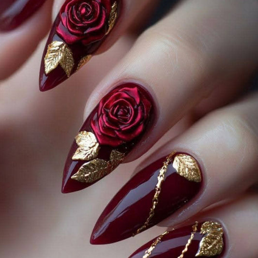 Romantic Elegance Long Almond Burgundy Press on Nail Set with Floral Accents and Gold Highlights