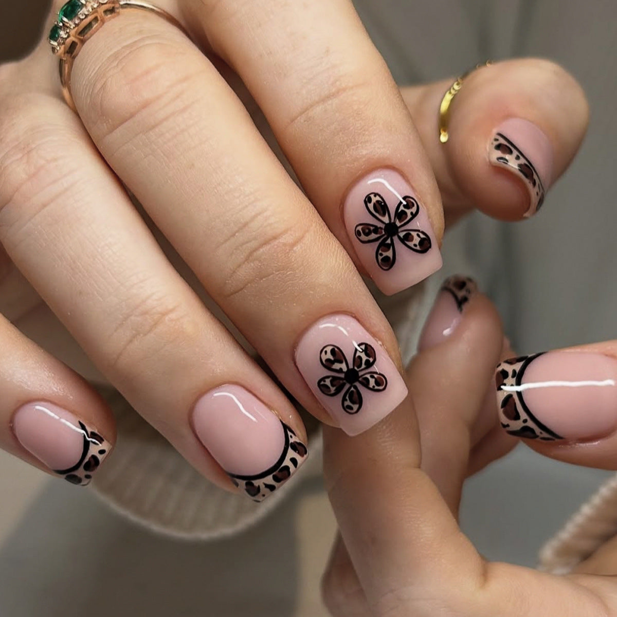 Chic Wildlife Inspired Short Square Press On Nail Set in Soft Pink with Elegant Black Floral Design