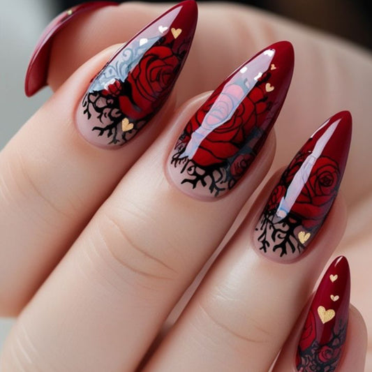 Romantic Elegance Long Almond Red with Rose Design and Golden Accents Press On Nail Set