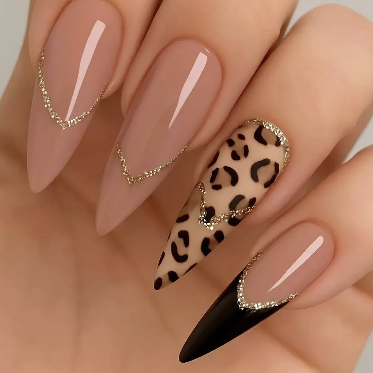 Wild Elegance Long Almond Beige and Black Press-On Nail Set with Glittering Animal Print Accents
