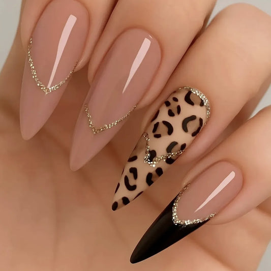 Wild Elegance Long Almond Beige and Black Press-On Nail Set with Glittering Animal Print Accents