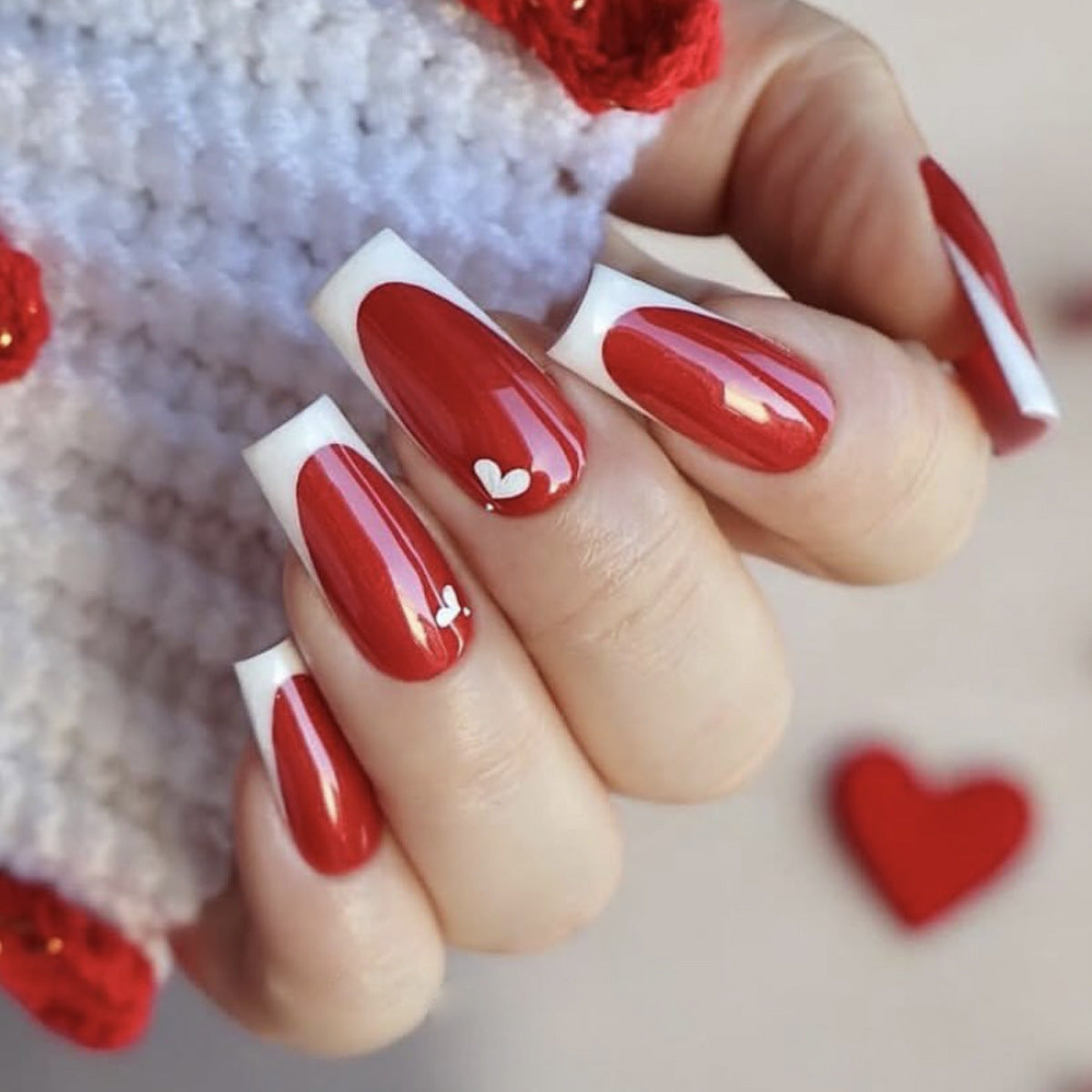 Charming Romance Long Square Red and White Heart Accent Nail Set