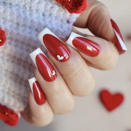 Charming Romance Long Square Red and White Heart Accent Nail Set