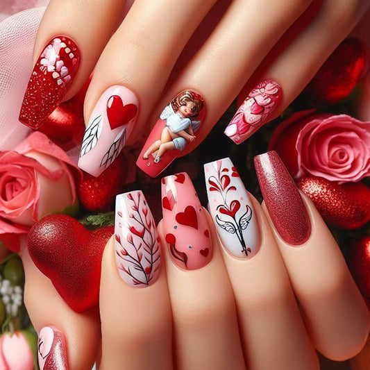 Romantic Heartfelt Long Square Red Pink Press On Nail Set with Charming Angel Design