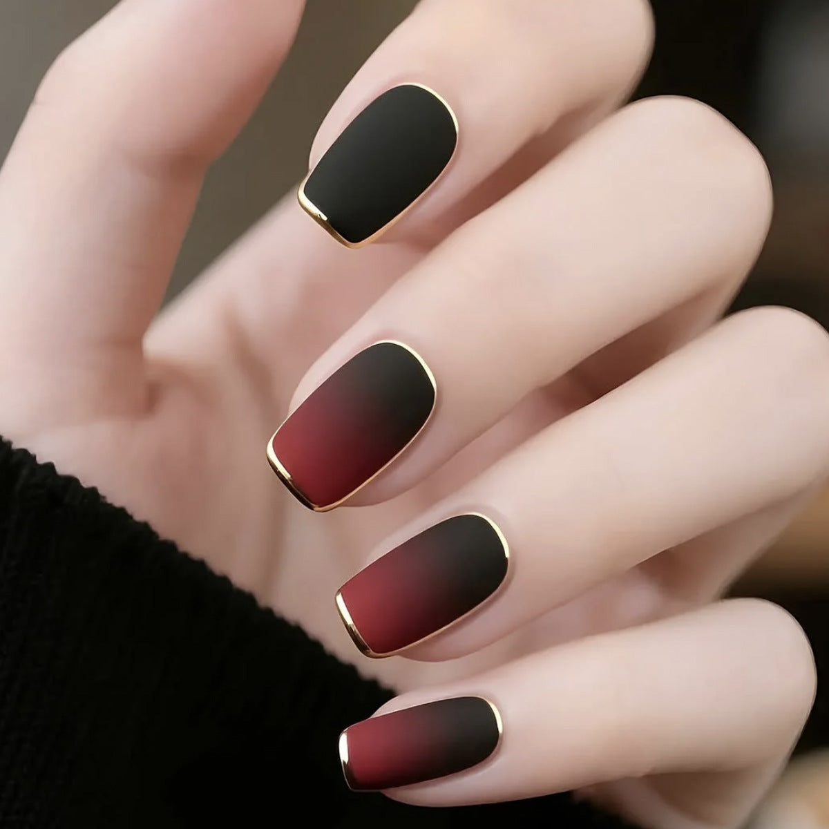 Mystical Elegance Medium Square Red and Black Ombre Nail Set with Gold Edges