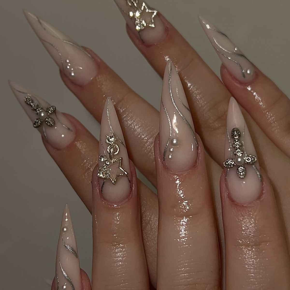 Celestial Chic Long Stiletto Press on Nail Set in Elegant Beige with Glimmering Star and Pearl Accents