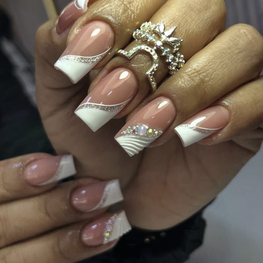 Glamorous Elegance Long Square White and Clear Nails with Stunning Rhinestone Accents