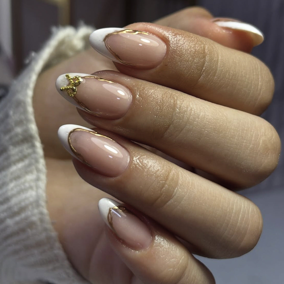 Elegant Glamour Medium Almond Beige with White Tips and Gold Accent Press On Nail Set
