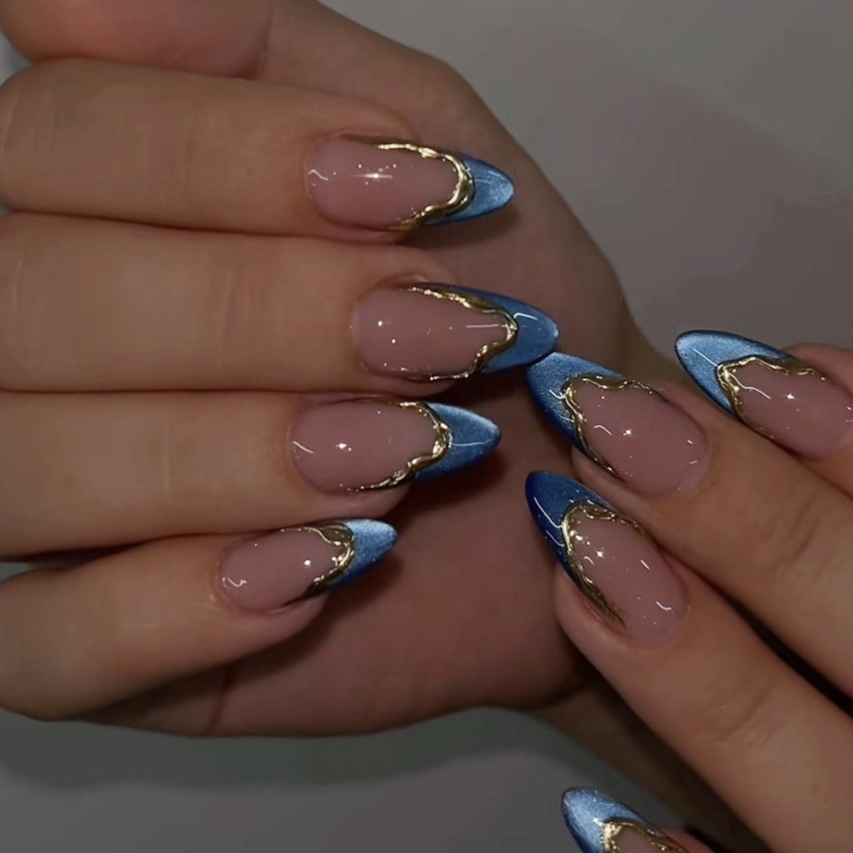 Celestial Glamour Long Almond Blue Ombre with Gold Accent Press On Nail Set