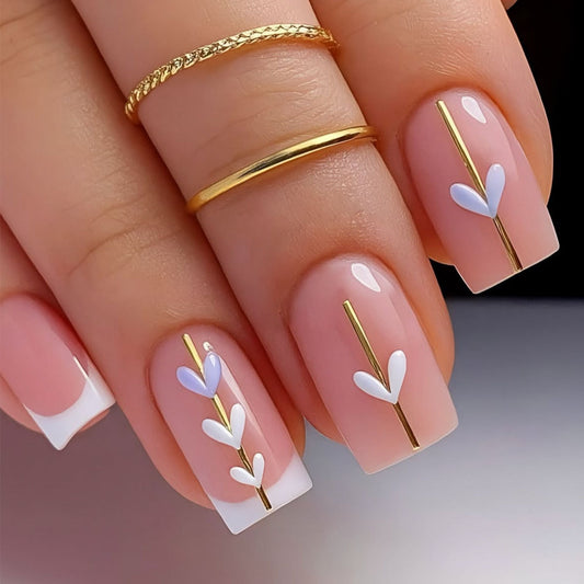 Blooming Elegance Short Square Press-On Nail Set in Soft Pink with Gold and Floral Design
