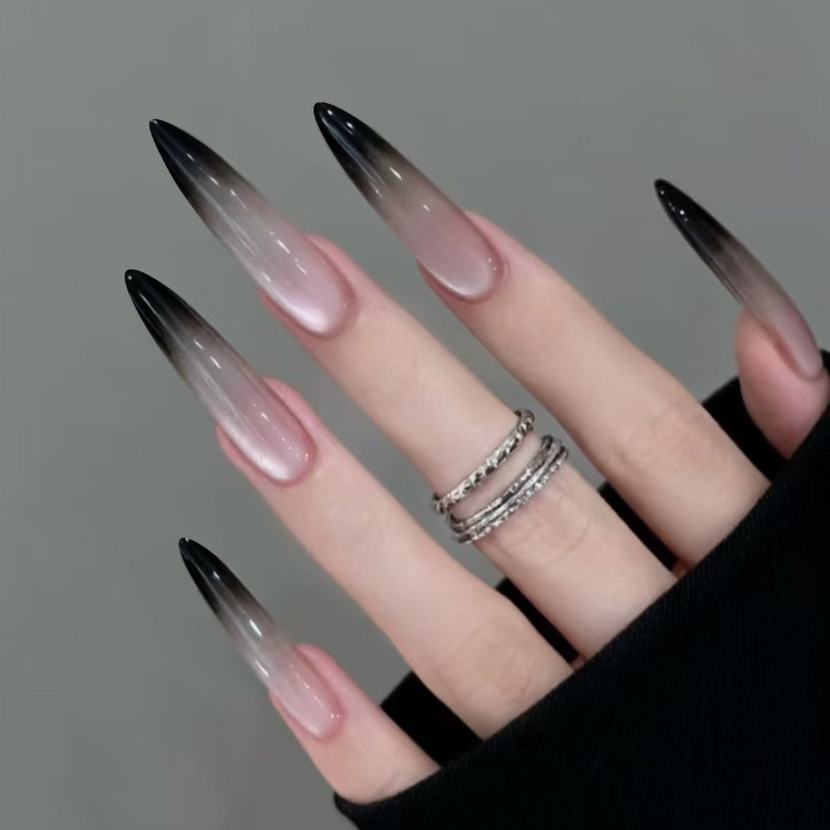 Gothic Elegance Long Stiletto Gradient Ombre Black and Clear Press-On Nail Set